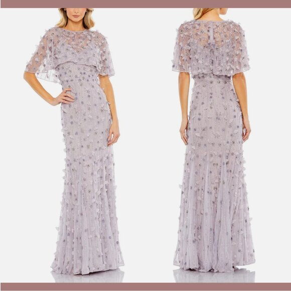 NWT $698 Mac Duggal [ 20‎ ] Embellished Cape Sleeve Trumpet Gown in Lilac #Q679